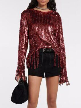 Etro Sequined Marlene Bouclé Top Burgundy Fall Winter 2022 Size IT 40 US 4 NWT